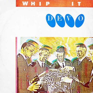 The single cover art for Whip It by Devo, an illustration of men in uniform caps cracking a whip