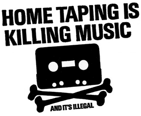 The British Phonographic Industry's Home Taping Is Killing Music logo with a skull and crossbones made from a cassette
