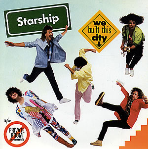 The single cover art for Starship's We Built This City, showing the band members in action poses