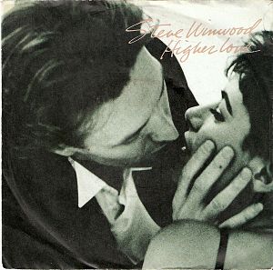 The single cover for Higher Love by Steve Winwood, a black and white photo of two people close together