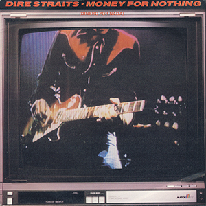 The single cover for Money for Nothing by Dire Straits, a guitarist silhouetted inside a television screen