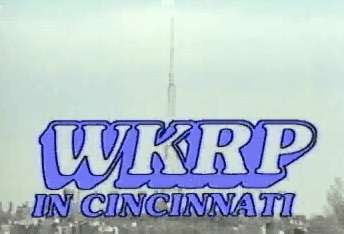 The WKRP in Cincinnati title card over a shot of a broadcast tower